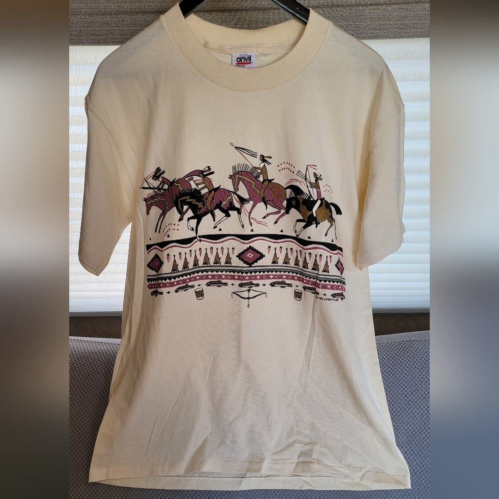 Cream Graphic T-Shirt with Horsemen Design L